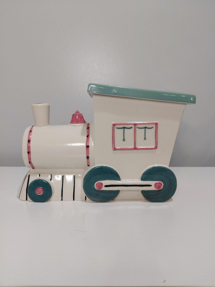 Vintage Abingdon Pottery Train Engine Cookie Jar White Pink Green Lid 1930s Illinois 11", view 6