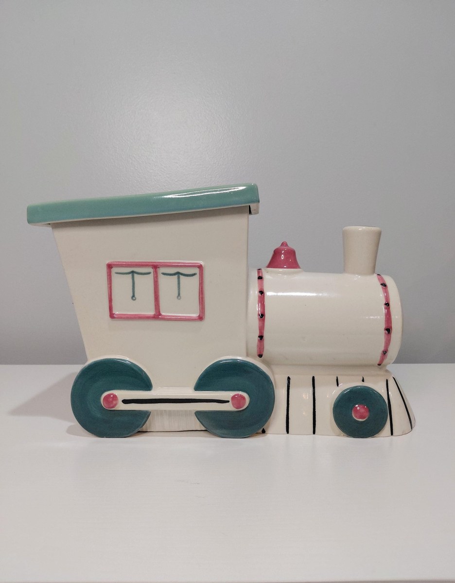Vintage Abingdon Pottery Train Engine Cookie Jar White Pink Green Lid 1930s Illinois 11", view 8