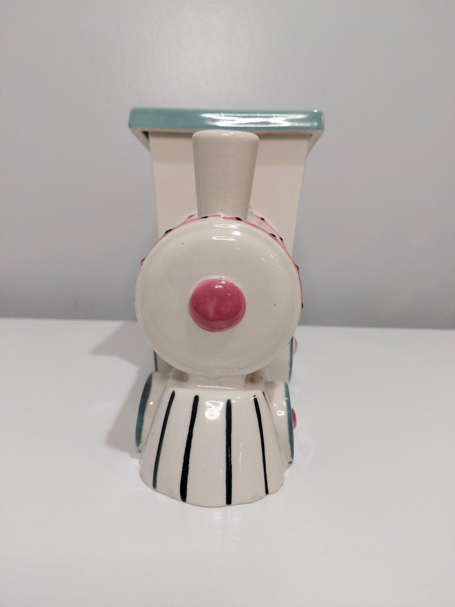 Vintage Abingdon Pottery Train Engine Cookie Jar White Pink Green Lid 1930s Illinois 11", view 9