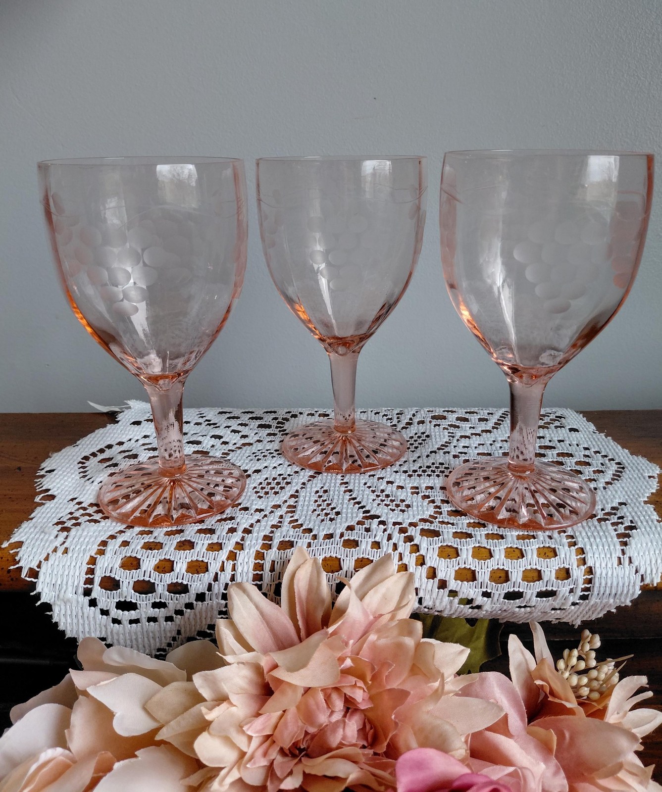Antique Pink Depression Glass Grape Etched Wine Goblets Set