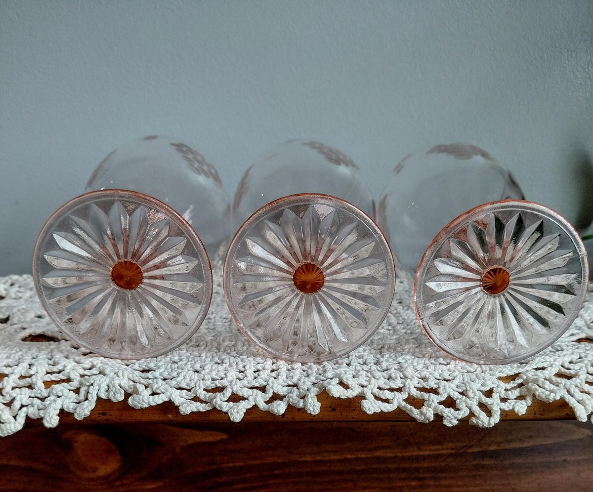 Antique Pink Depression Glass Grape Etched Wine Goblets Set, view 11