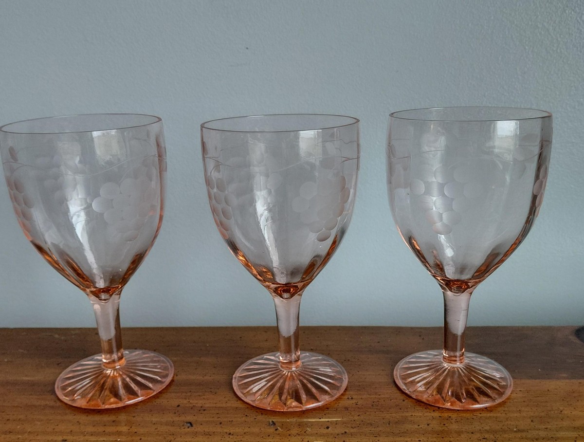 Antique Pink Depression Glass Grape Etched Wine Goblets Set, view 13