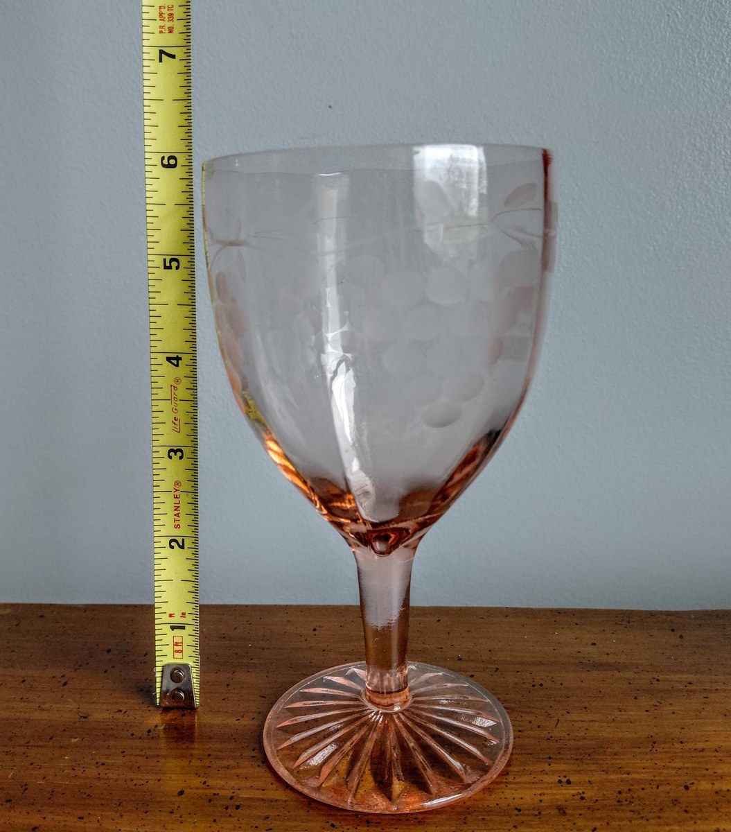 Antique Pink Depression Glass Grape Etched Wine Goblets Set, view 17