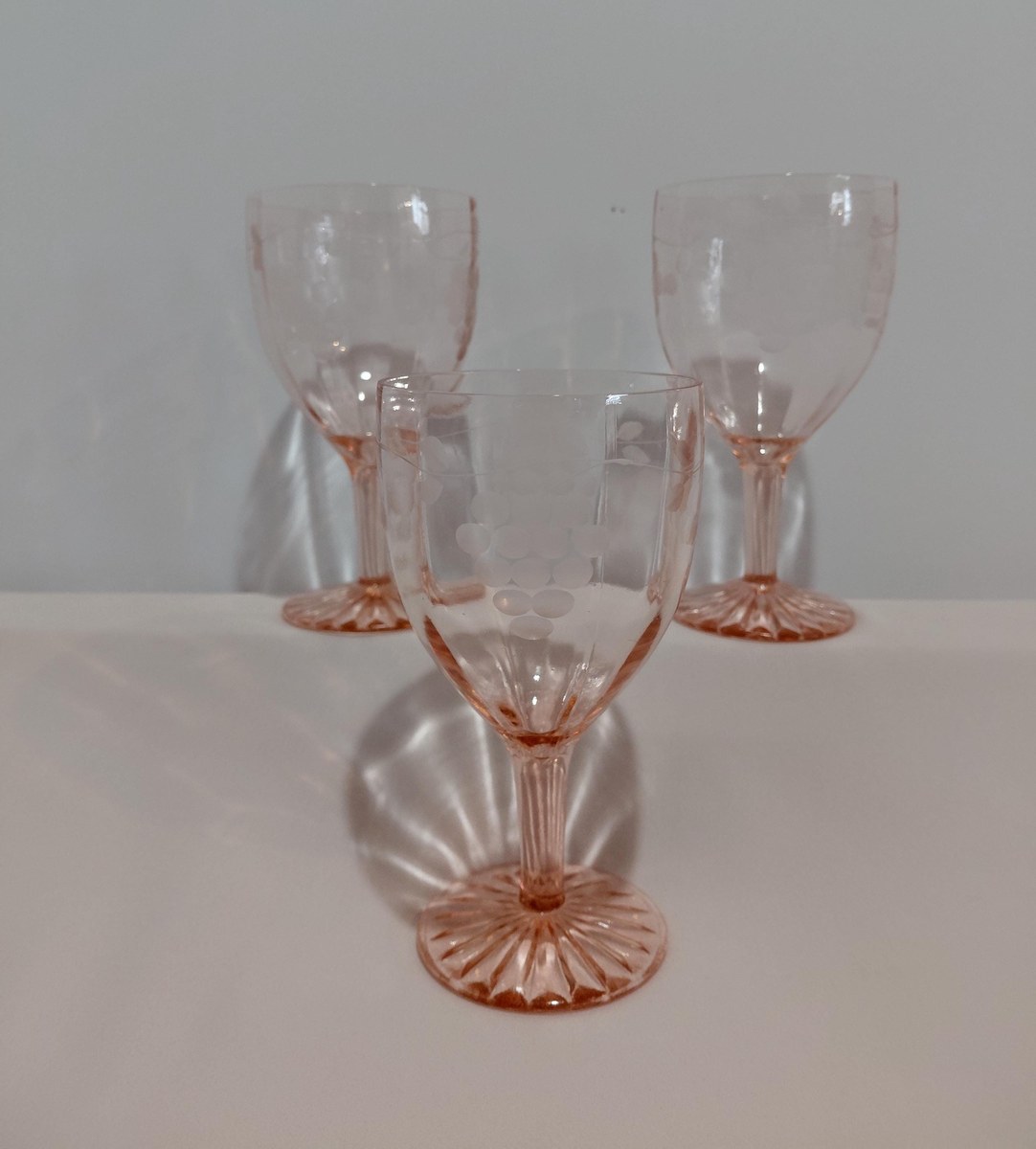 Antique Pink Depression Glass Grape Etched Wine Goblets Set, view 19
