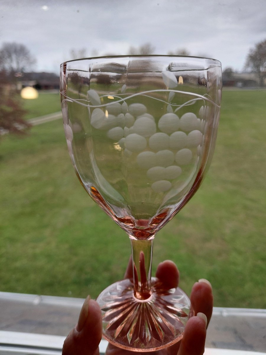 Antique Pink Depression Glass Grape Etched Wine Goblets Set, view 2