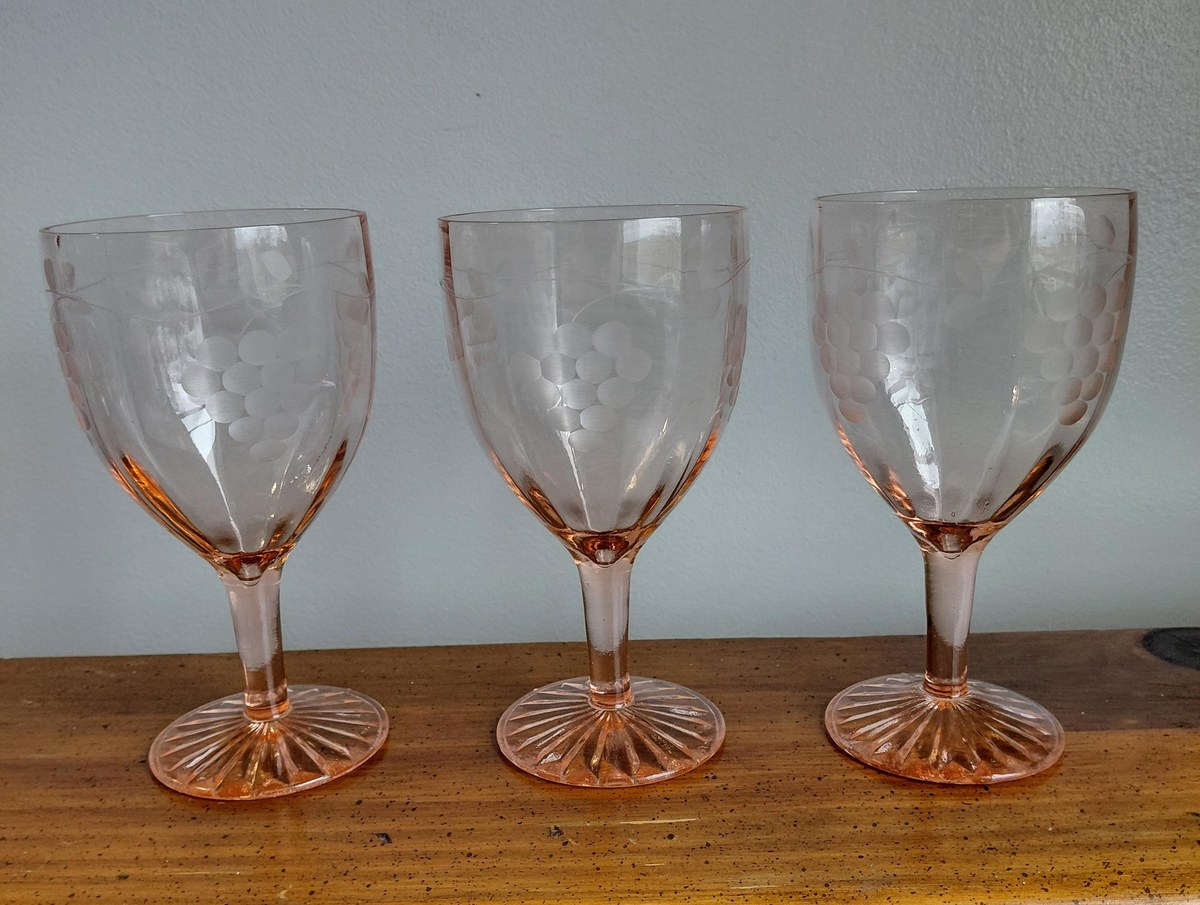 Antique Pink Depression Glass Grape Etched Wine Goblets Set, view 20
