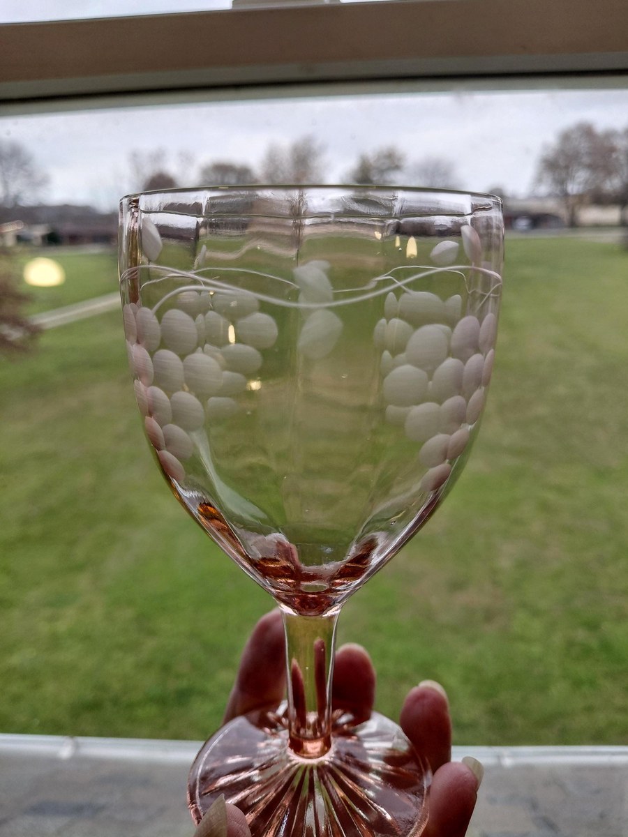 Antique Pink Depression Glass Grape Etched Wine Goblets Set, view 3