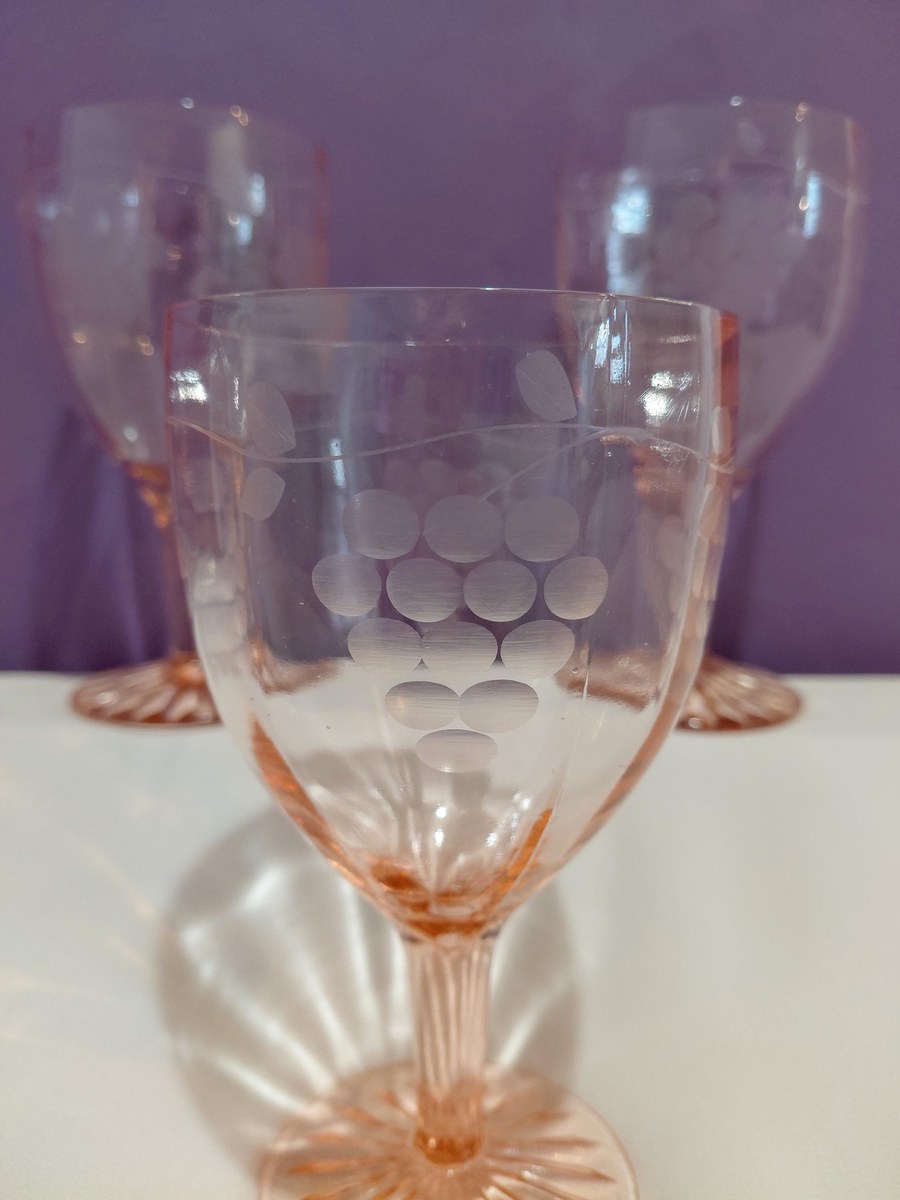 Antique Pink Depression Glass Grape Etched Wine Goblets Set, view 5
