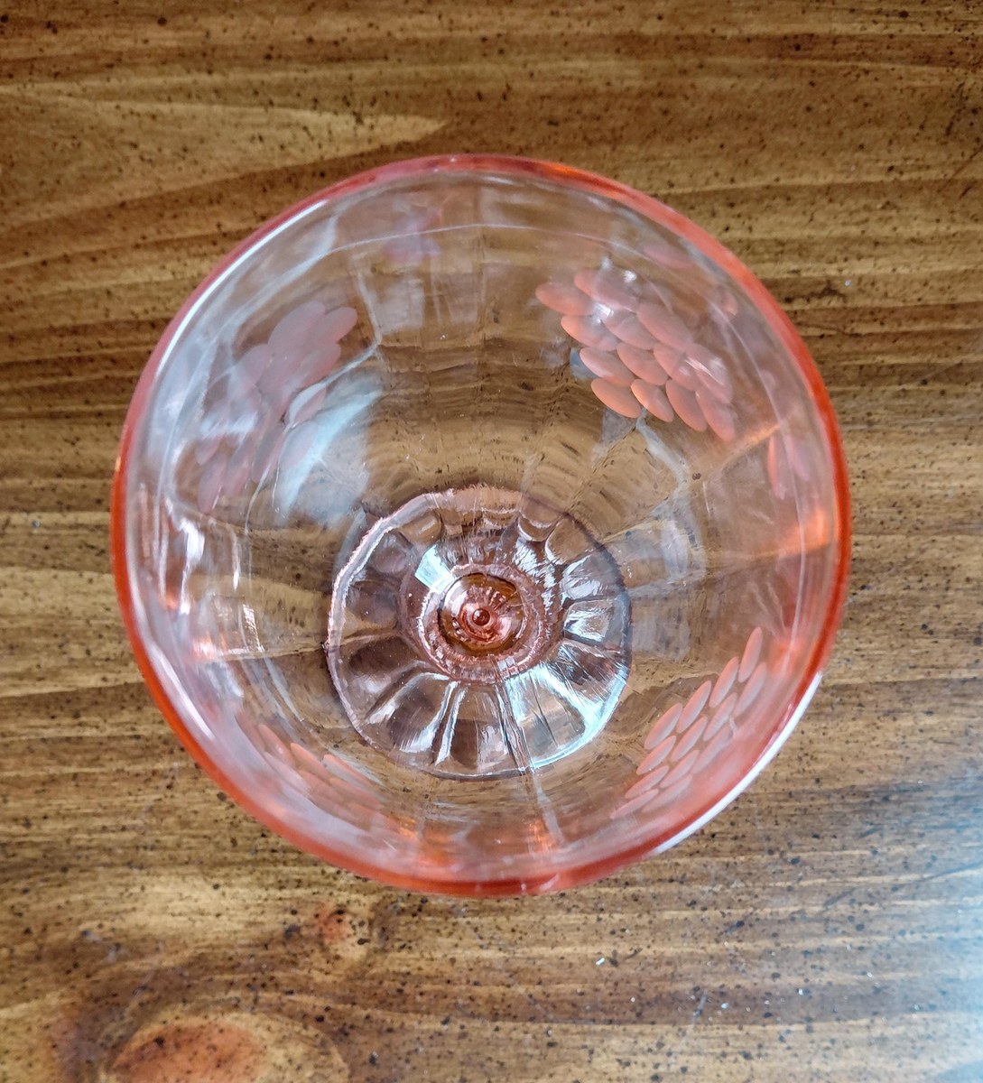 Antique Pink Depression Glass Grape Etched Wine Goblets Set, view 9