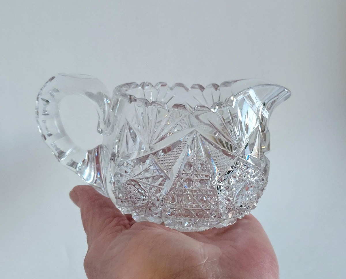 Antique ABP Cut Glass Sugar Bowl & Creamer Set, Brilliant Period Crystal, American Brilliant Cut Glass, Victorian Tableware, view 14