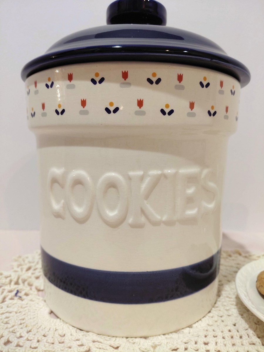 Vintage Sango Country Borders Cookie Jar | Large Farmhouse Ceramic Canister | 1980s Country Kitchen Decor | Cottagecore Storage Jar, view 2