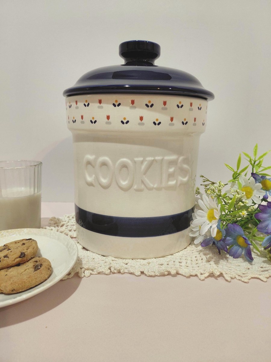 Vintage Sango Country Borders Cookie Jar | Large Farmhouse Ceramic Canister | 1980s Country Kitchen Decor | Cottagecore Storage Jar, view 8