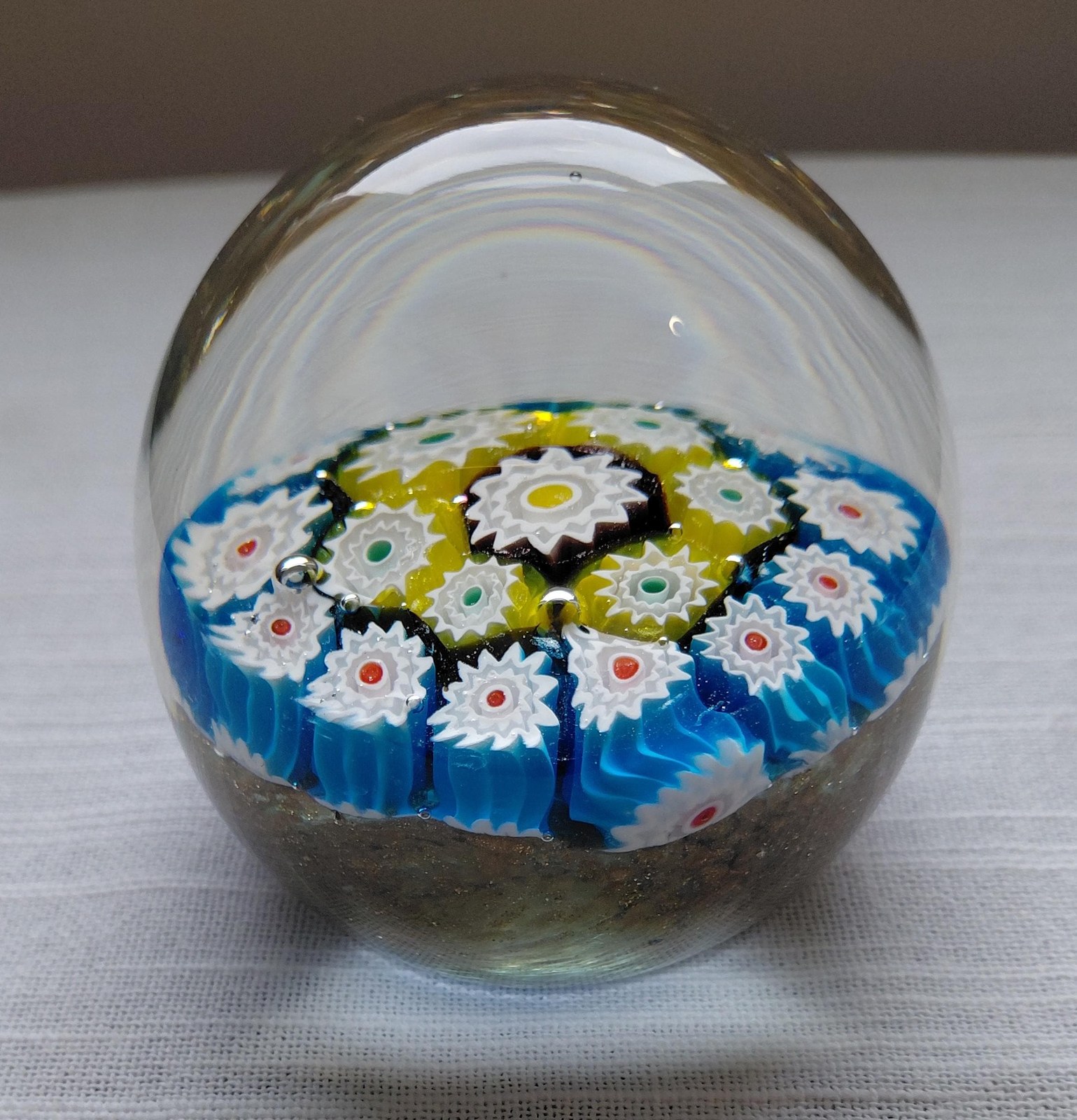 Vintage Murano Millefiori Art Glass Paperweight, Gold Aventurine Base, Mid Century Italian Glass