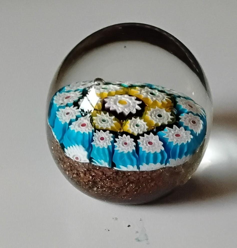 Vintage Murano Millefiori Art Glass Paperweight, Gold Aventurine Base, Mid Century Italian Glass, view 10