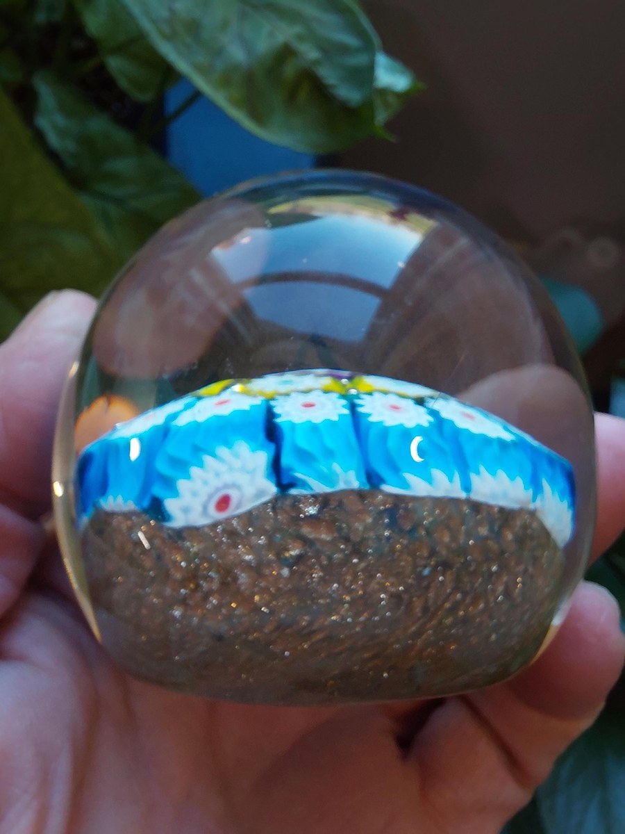 Vintage Murano Millefiori Art Glass Paperweight, Gold Aventurine Base, Mid Century Italian Glass, view 13