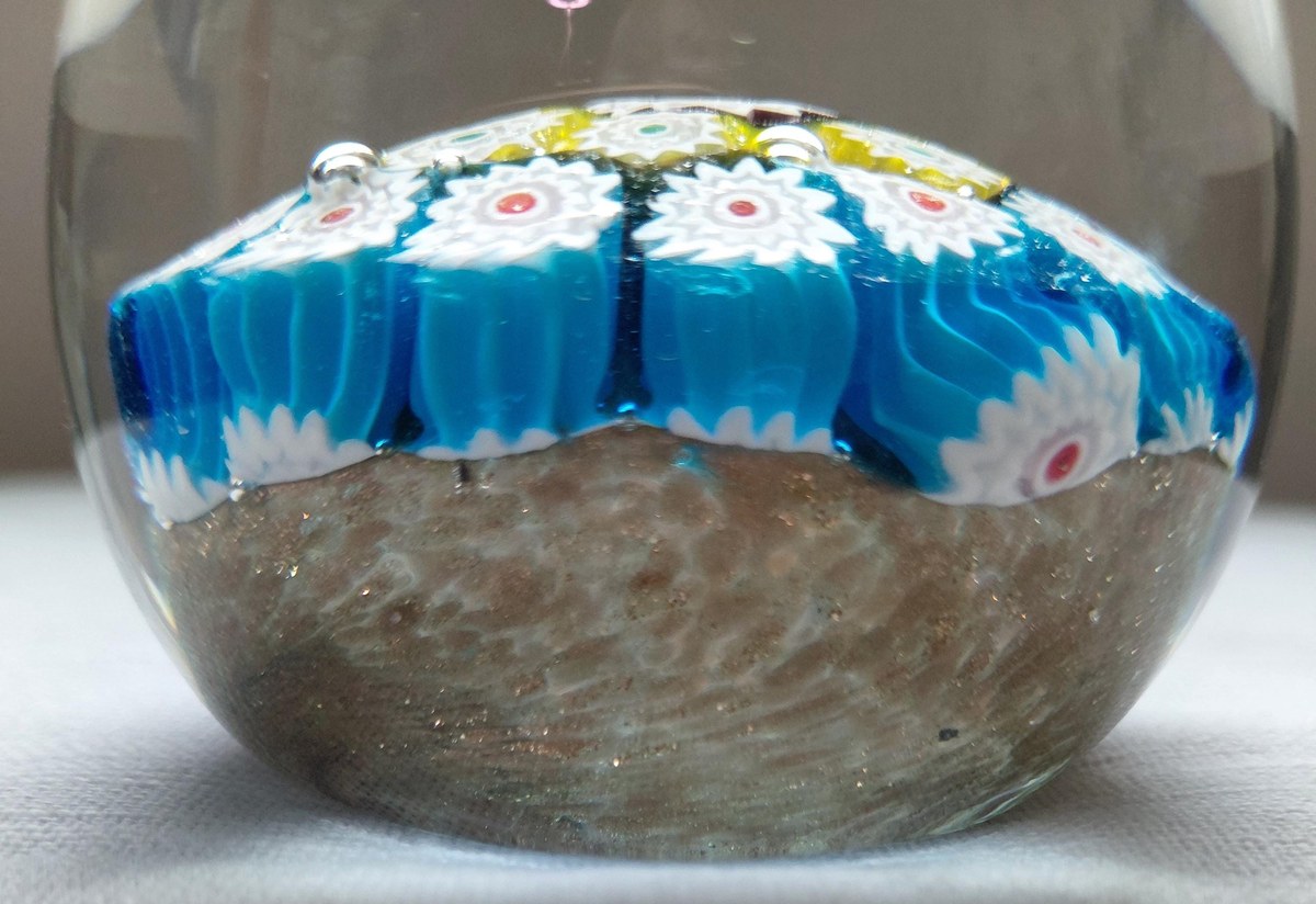 Vintage Murano Millefiori Art Glass Paperweight, Gold Aventurine Base, Mid Century Italian Glass, view 14
