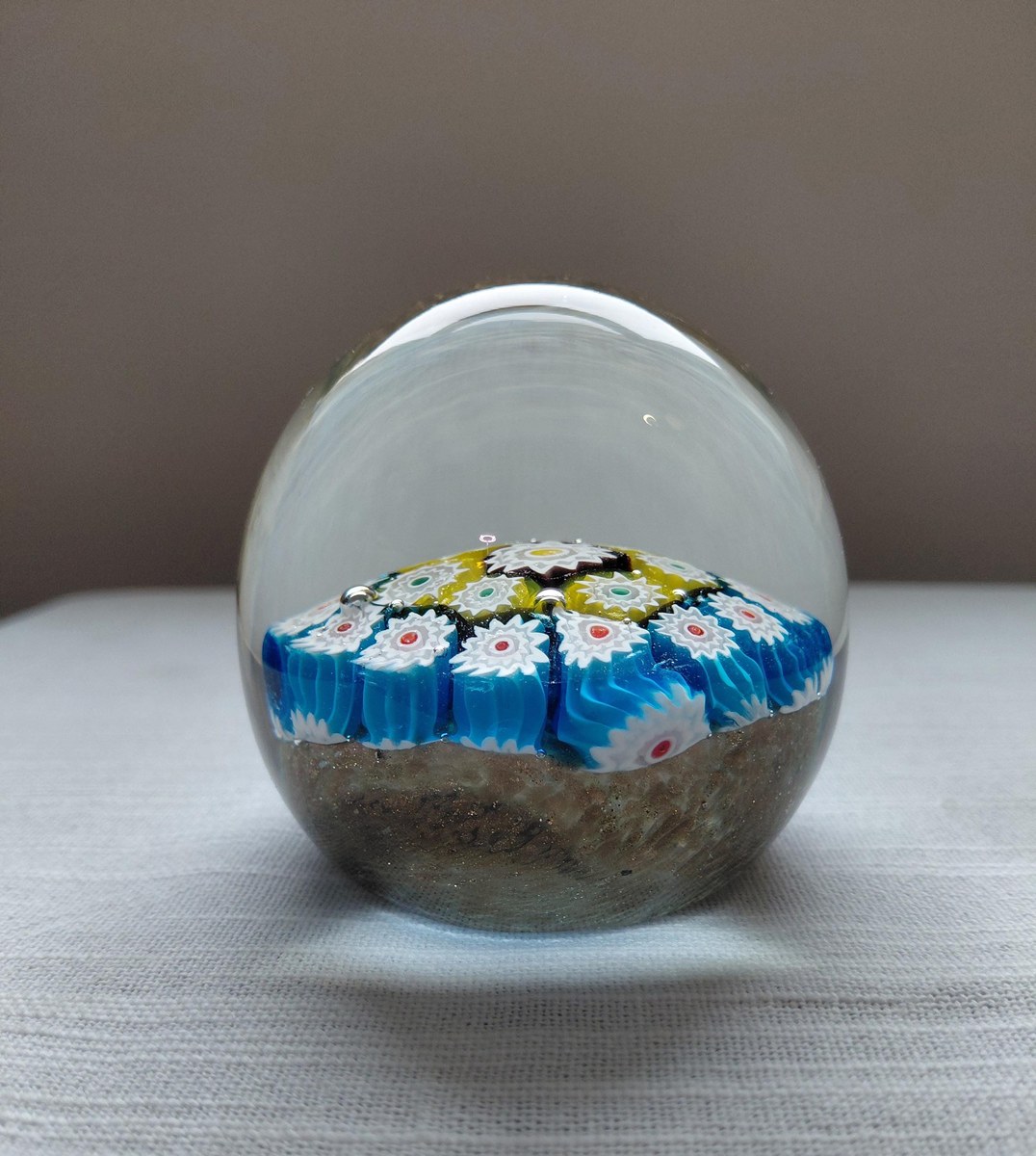 Vintage Murano Millefiori Art Glass Paperweight, Gold Aventurine Base, Mid Century Italian Glass, view 17