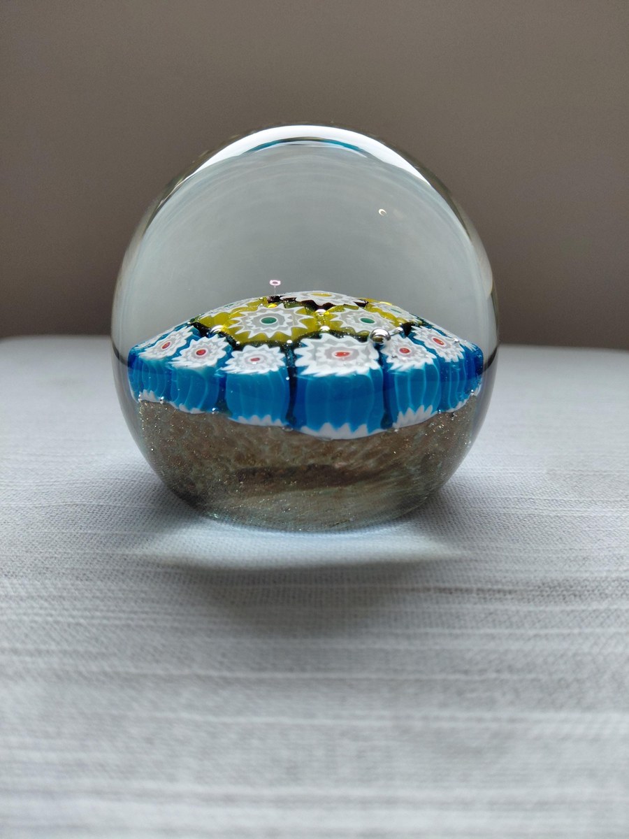 Vintage Murano Millefiori Art Glass Paperweight, Gold Aventurine Base, Mid Century Italian Glass, view 2