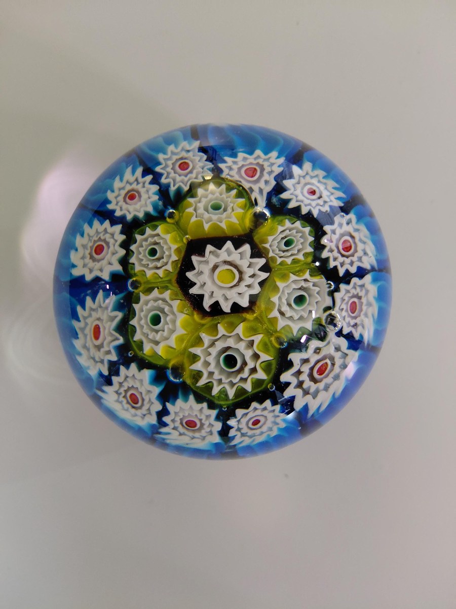 Vintage Murano Millefiori Art Glass Paperweight, Gold Aventurine Base, Mid Century Italian Glass, view 3