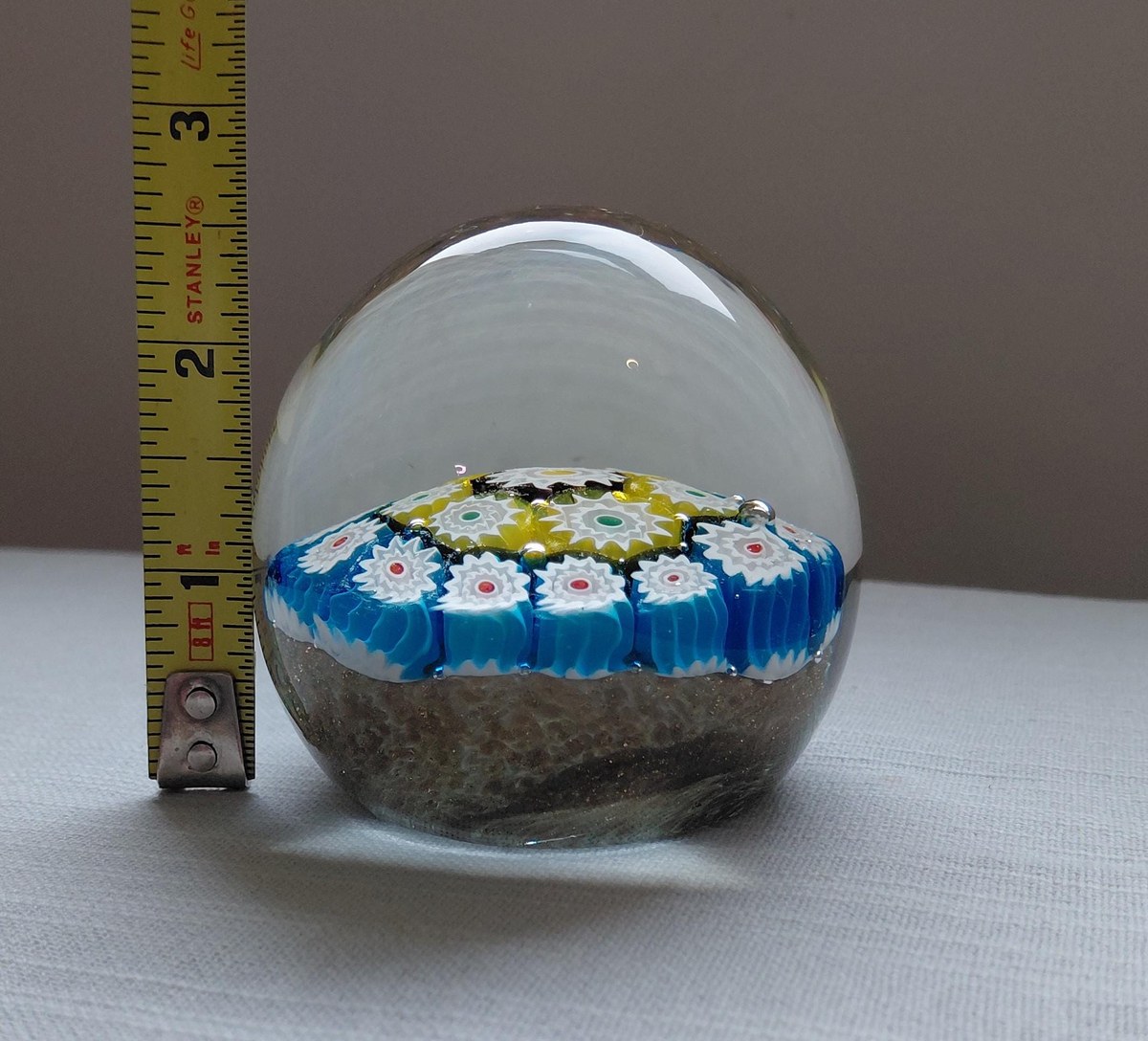 Vintage Murano Millefiori Art Glass Paperweight, Gold Aventurine Base, Mid Century Italian Glass, view 6