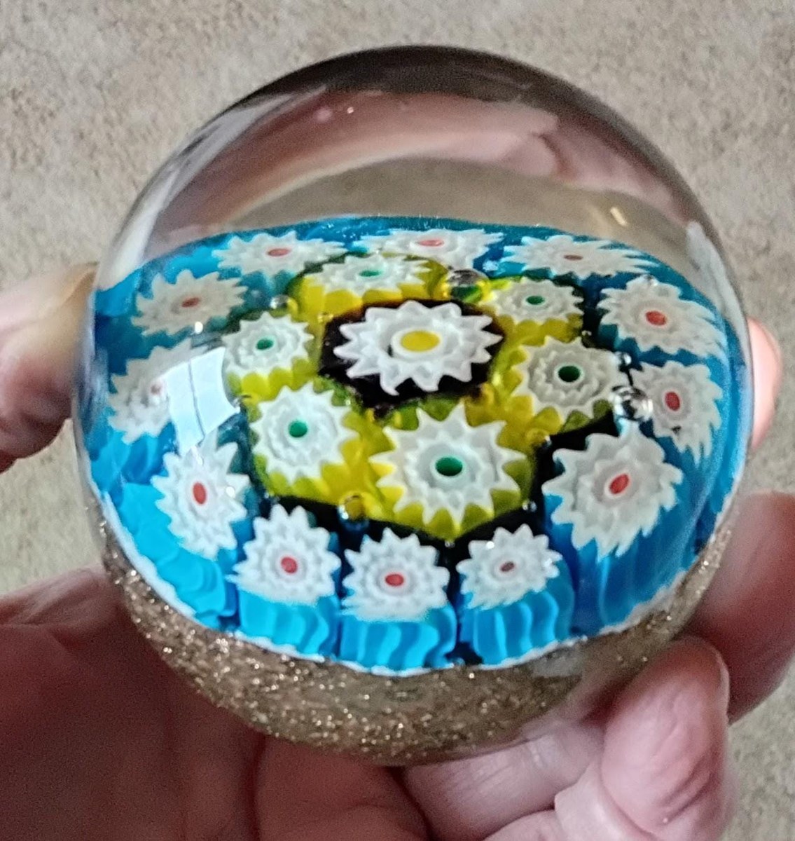 Vintage Murano Millefiori Art Glass Paperweight, Gold Aventurine Base, Mid Century Italian Glass, view 8