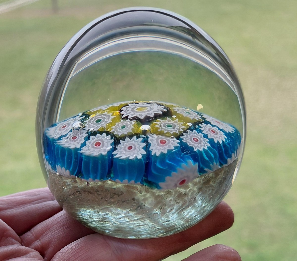 Vintage Murano Millefiori Art Glass Paperweight, Gold Aventurine Base, Mid Century Italian Glass, view 9