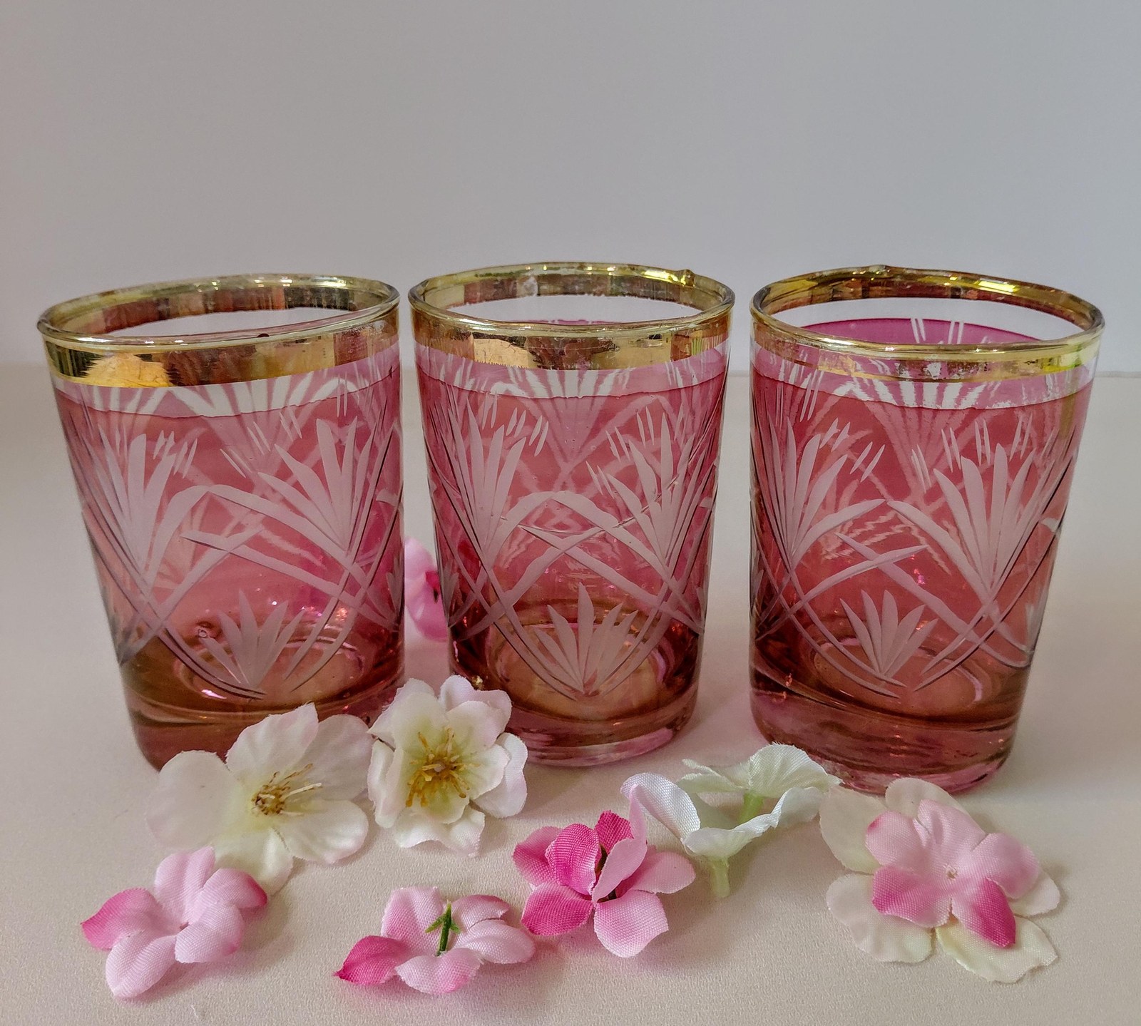 Antique French Cranberry Cut Glass tumblers with Gold Trim - Overlay