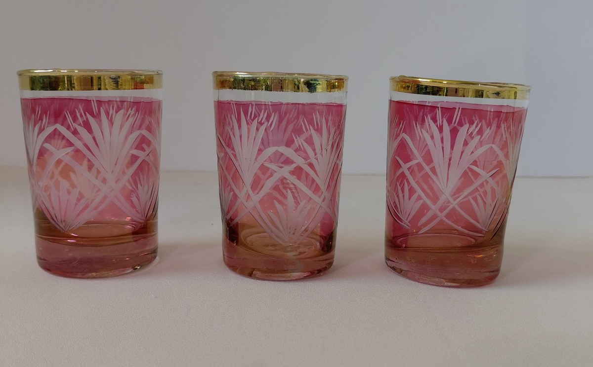 Antique French Cranberry Cut Glass tumblers with Gold Trim - Overlay, view 12