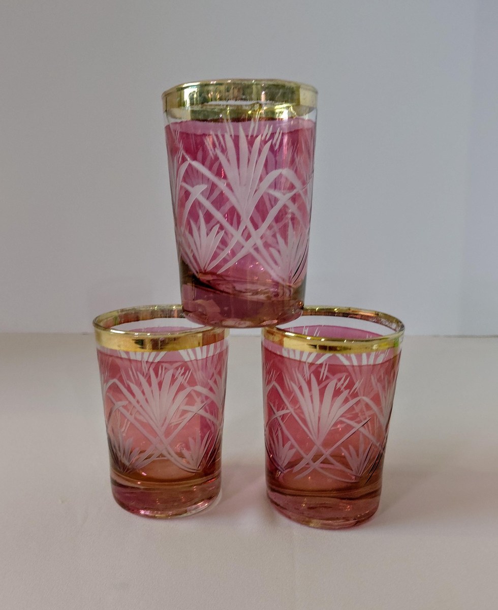 Antique French Cranberry Cut Glass tumblers with Gold Trim - Overlay, view 13