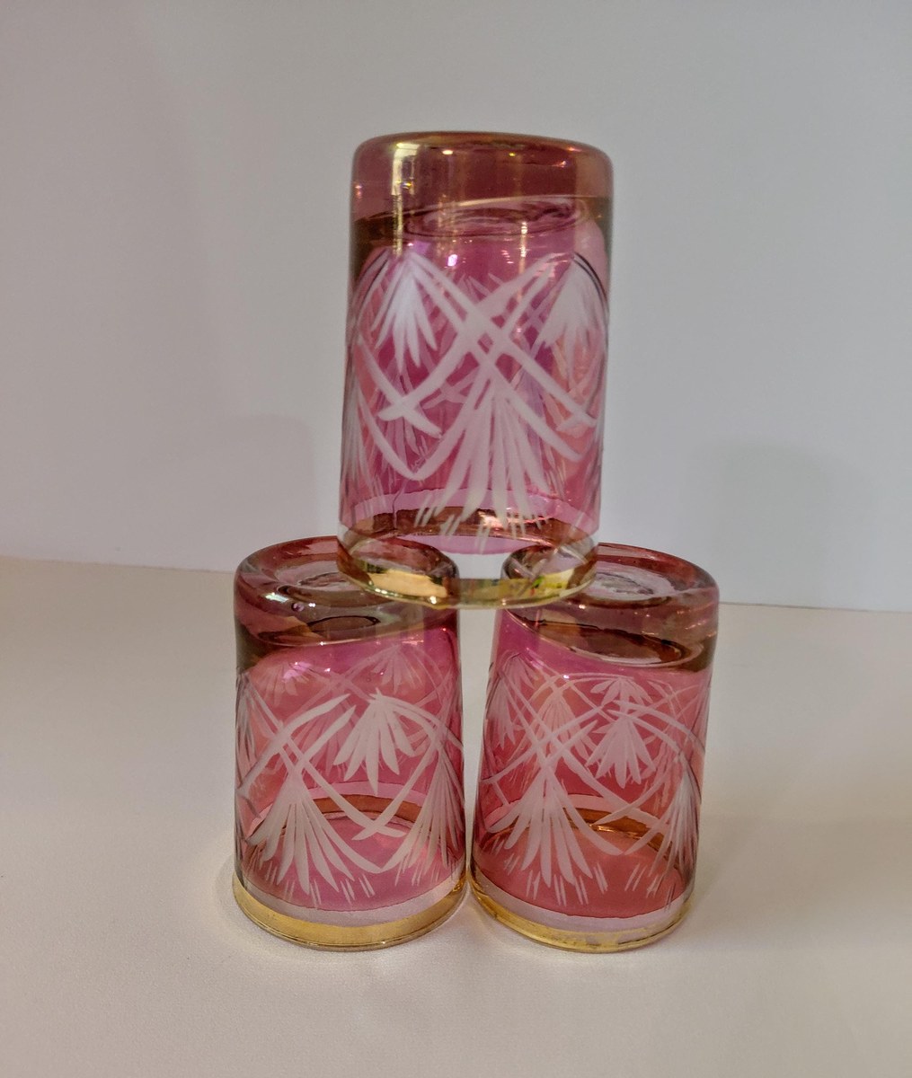 Antique French Cranberry Cut Glass tumblers with Gold Trim - Overlay, view 14