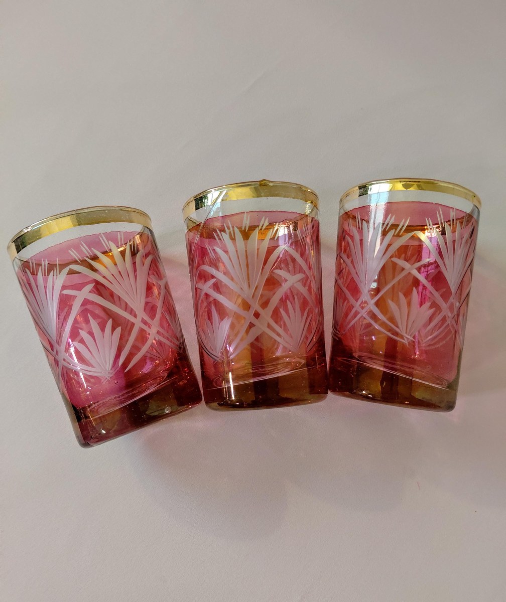 Antique French Cranberry Cut Glass tumblers with Gold Trim - Overlay, view 15
