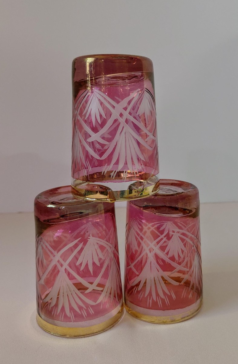 Antique French Cranberry Cut Glass tumblers with Gold Trim - Overlay, view 16