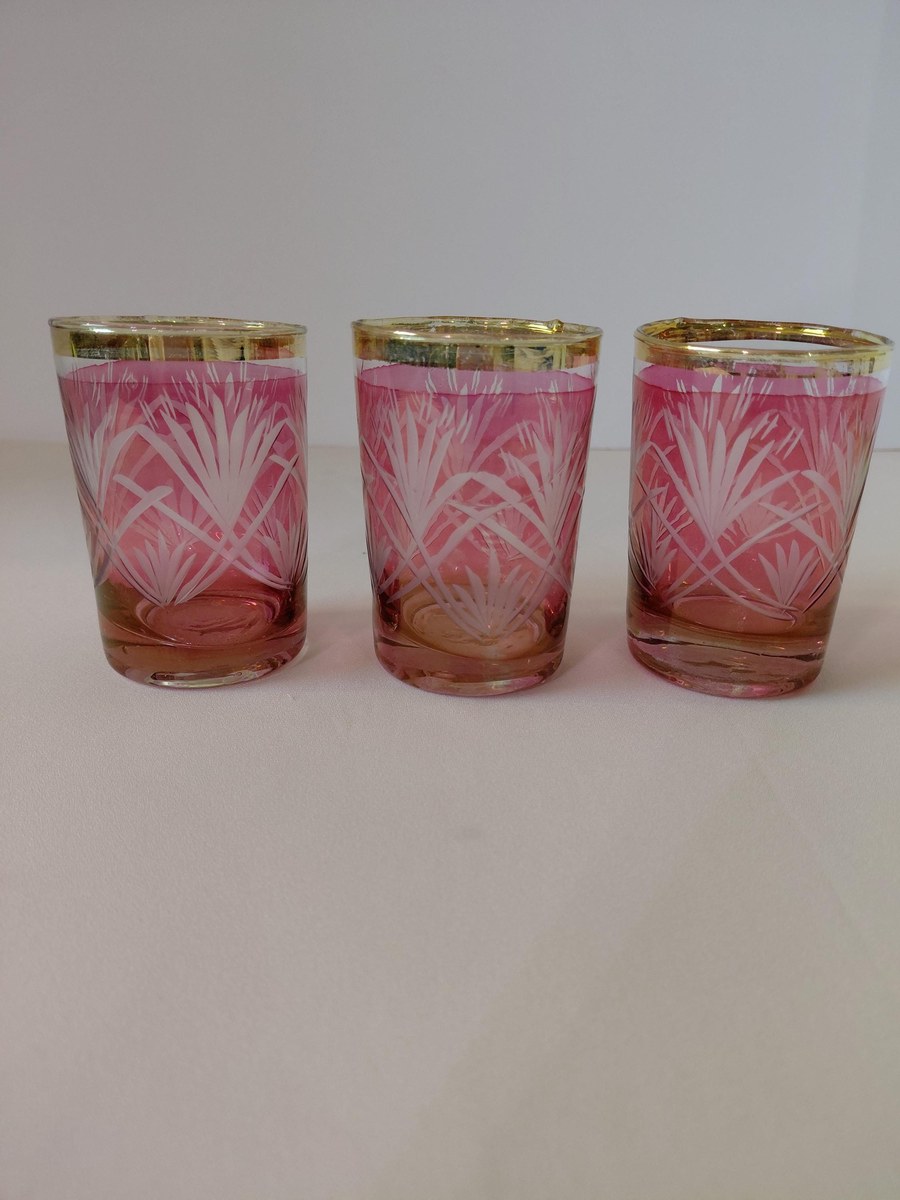 Antique French Cranberry Cut Glass tumblers with Gold Trim - Overlay, view 18