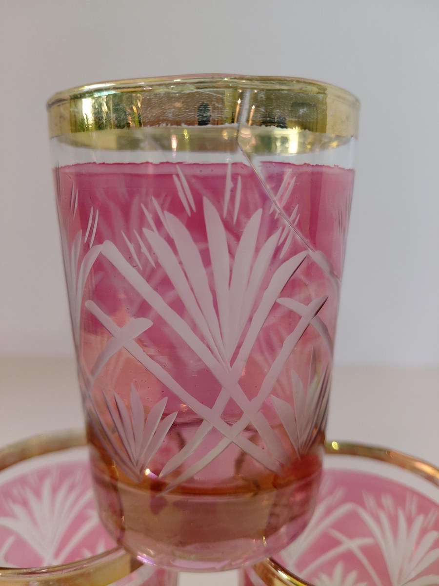 Antique French Cranberry Cut Glass tumblers with Gold Trim - Overlay, view 19