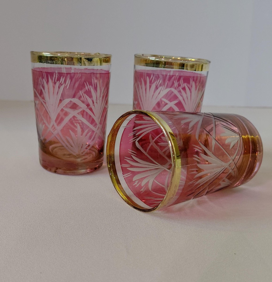 Antique French Cranberry Cut Glass tumblers with Gold Trim - Overlay, view 2