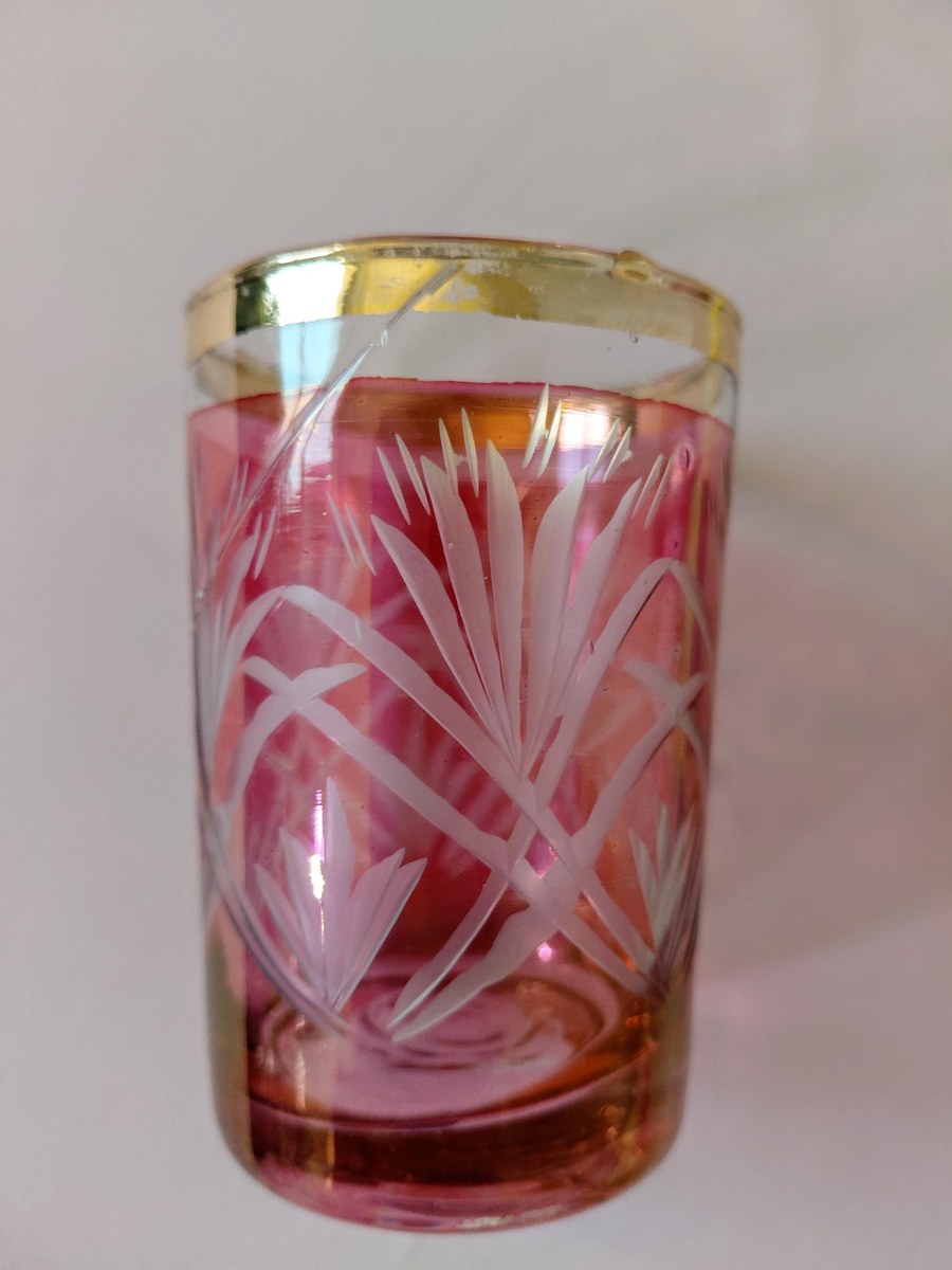 Antique French Cranberry Cut Glass tumblers with Gold Trim - Overlay, view 20