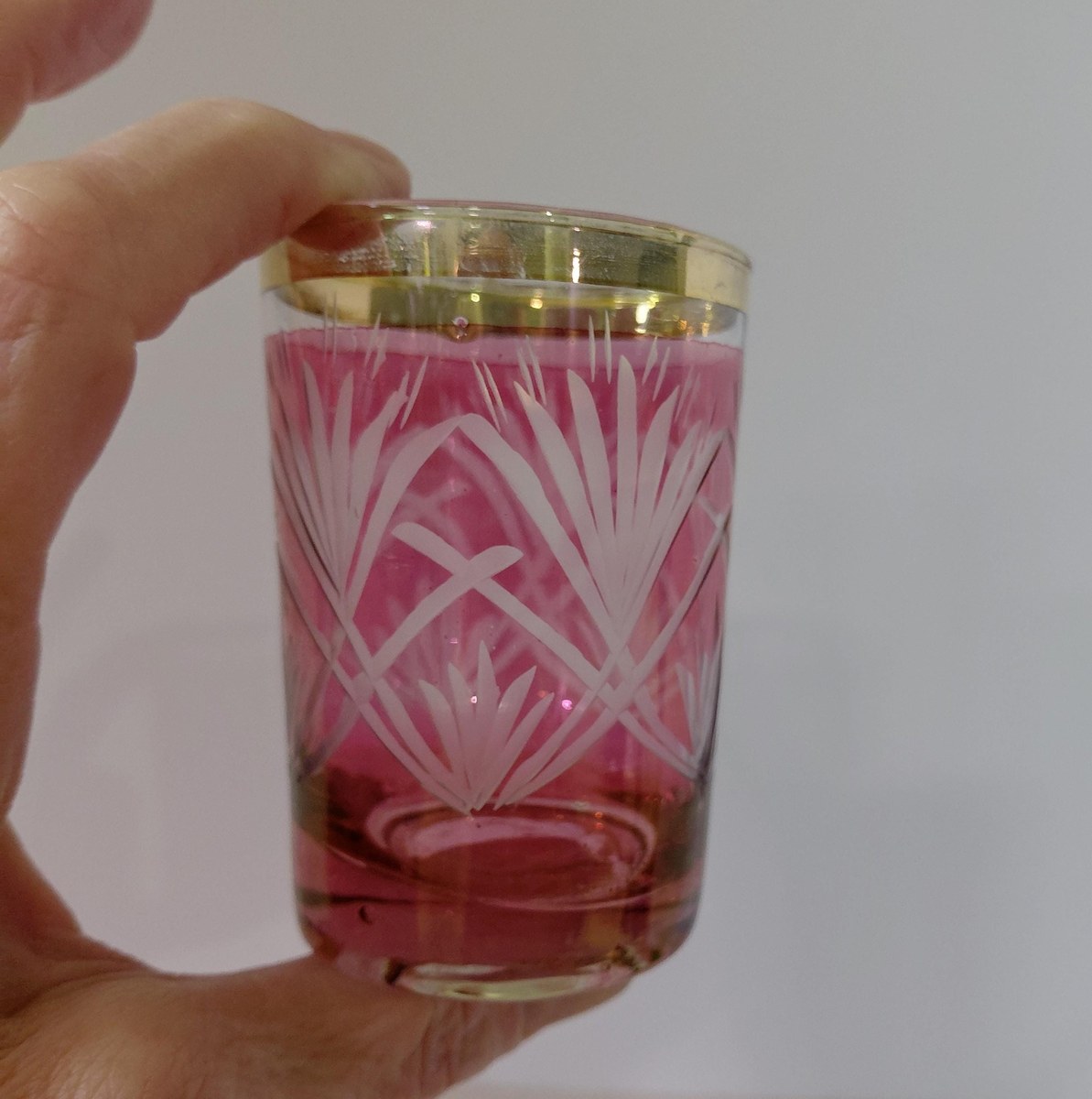 Antique French Cranberry Cut Glass tumblers with Gold Trim - Overlay, view 3