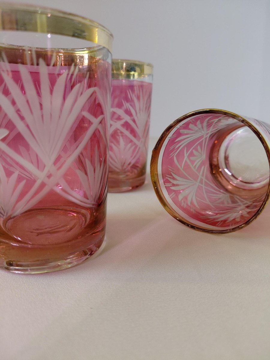 Antique French Cranberry Cut Glass tumblers with Gold Trim - Overlay, view 4