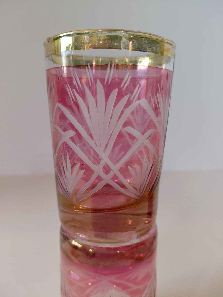 Antique French Cranberry Cut Glass tumblers with Gold Trim - Overlay, view 5