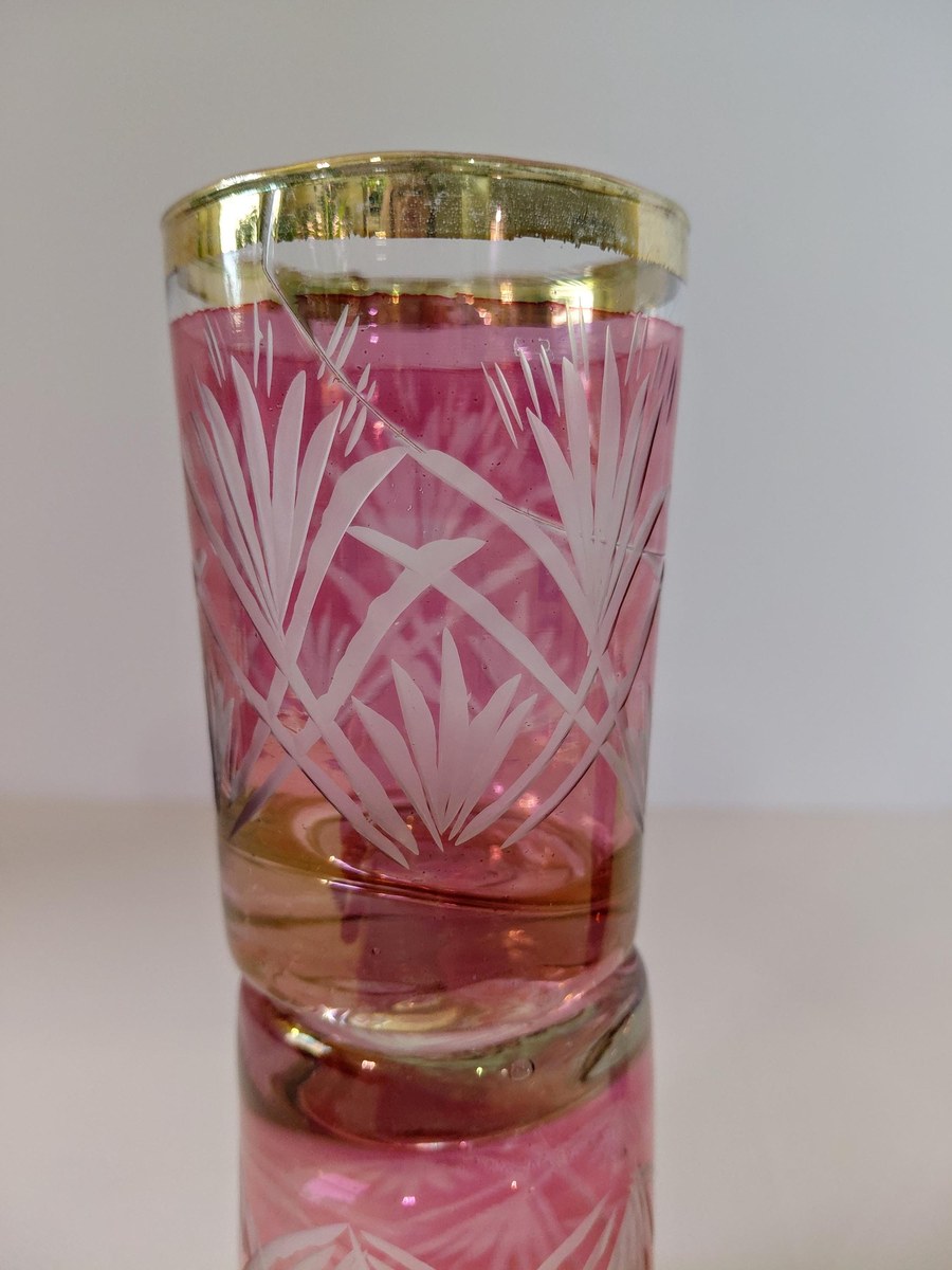 Antique French Cranberry Cut Glass tumblers with Gold Trim - Overlay, view 6