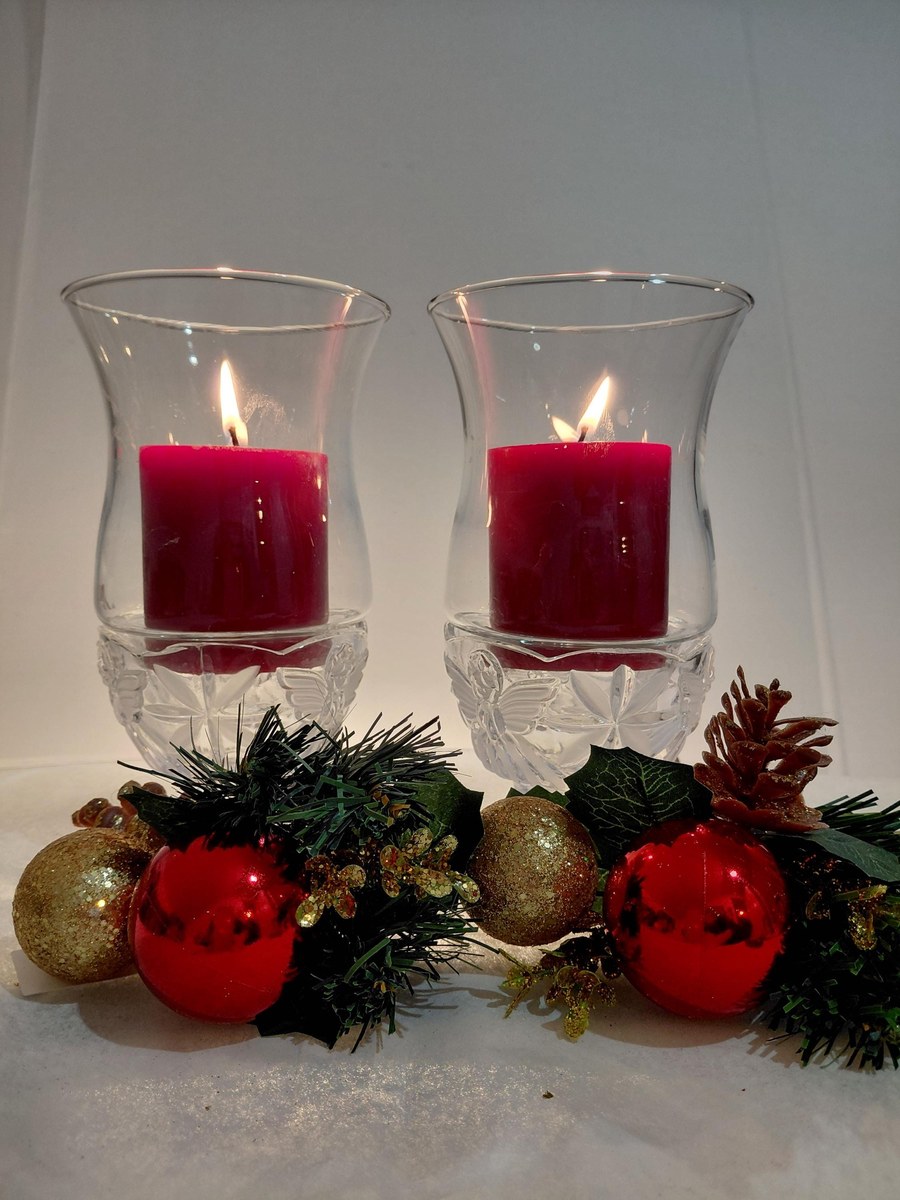 Vintage Gorham Angels of Peace Crystal Candle Holders | Set of 2 Covered Hurricane Votive Holders | Christmas Decor, view 3