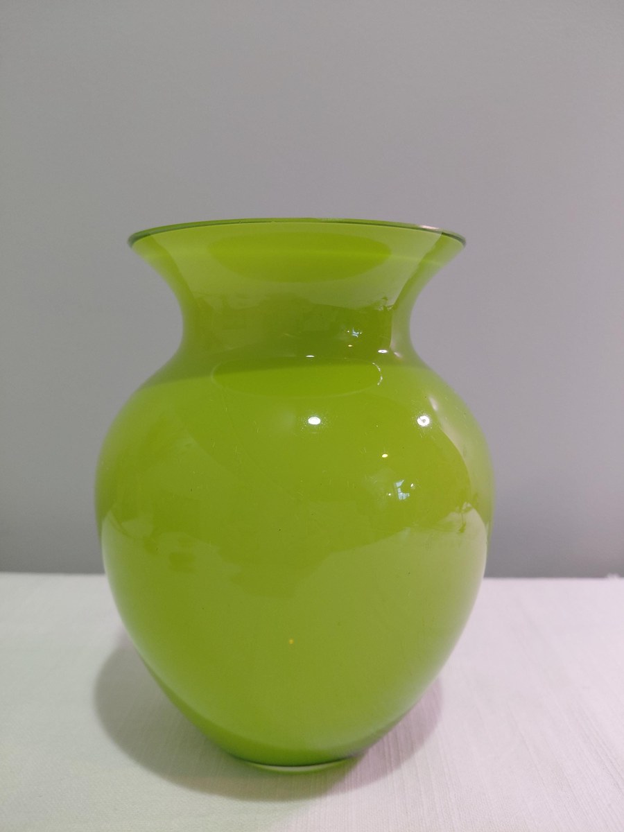 Vintage Lime Green Cased Art Glass Vase White Clear Layers 6.5”, view 13