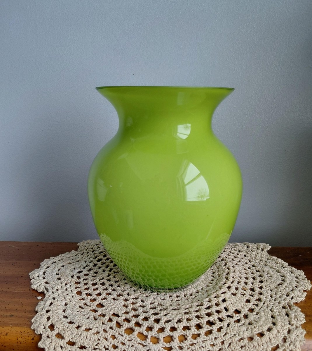 Vintage Lime Green Cased Art Glass Vase White Clear Layers 6.5”, view 2