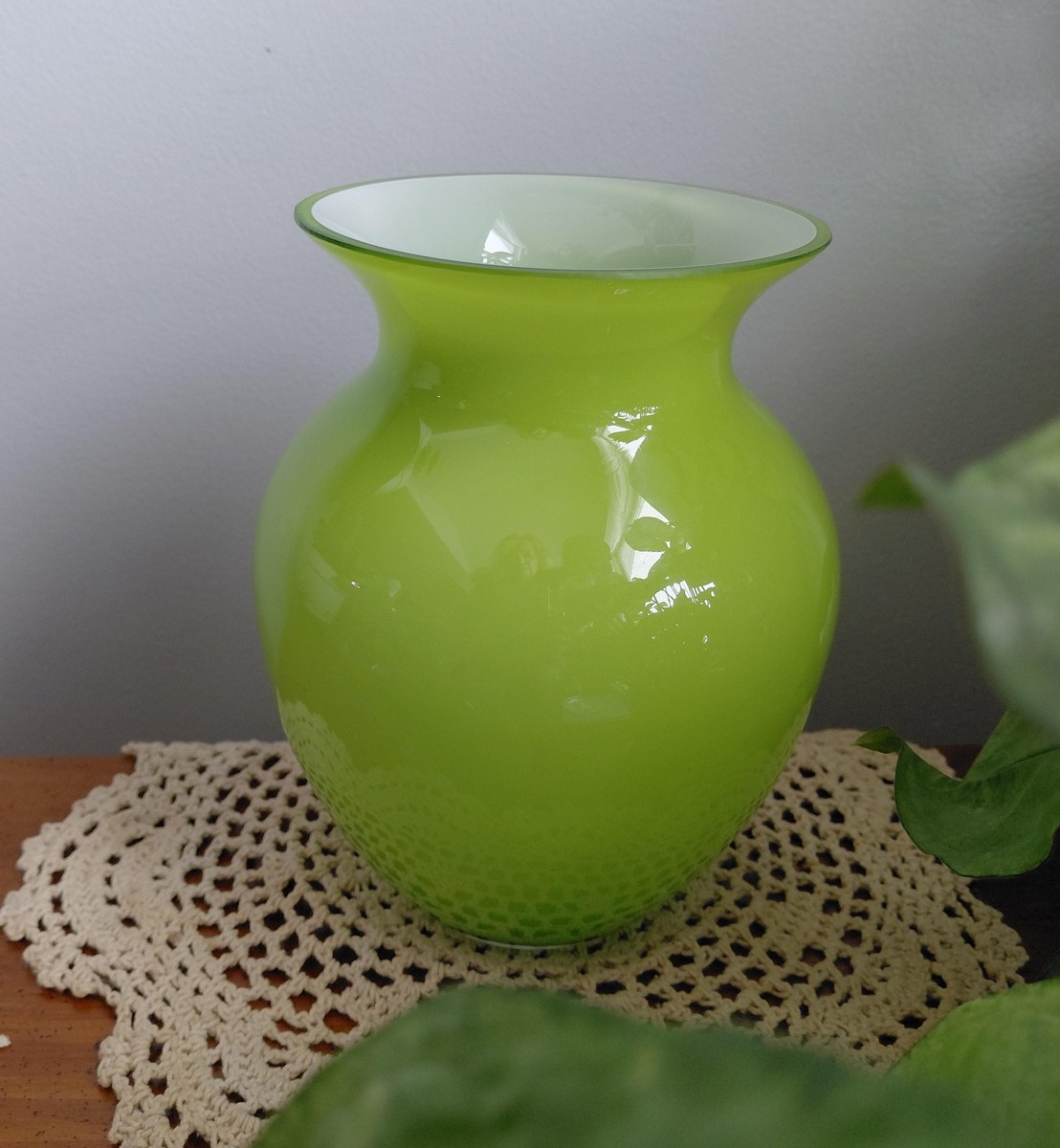 Vintage Lime Green Cased Art Glass Vase White Clear Layers 6.5”, view 3