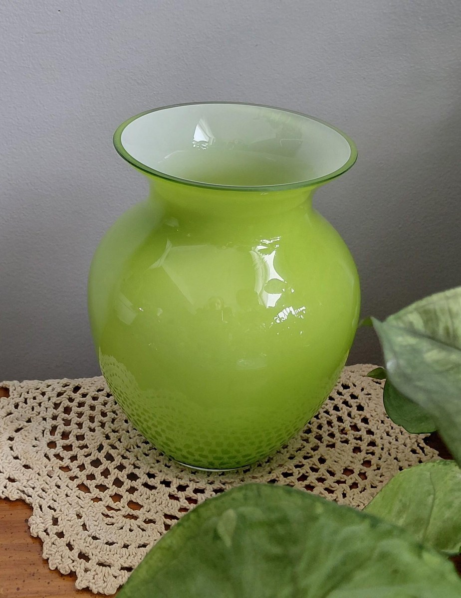 Vintage Lime Green Cased Art Glass Vase White Clear Layers 6.5”, view 4