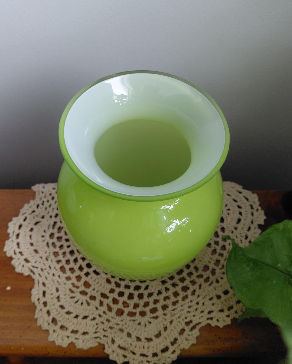 Vintage Lime Green Cased Art Glass Vase White Clear Layers 6.5”, view 5