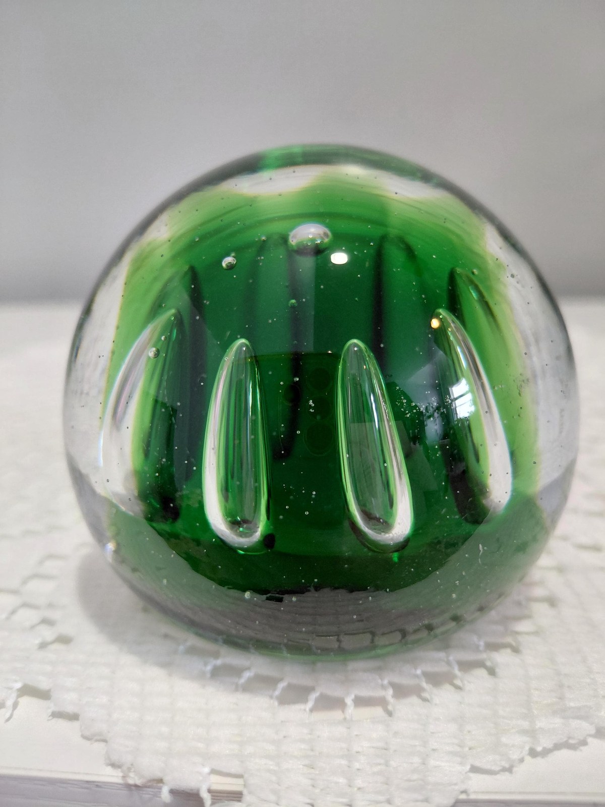 Vintage Blenko Controlled Bubble Art Glass Paperweight | Emerald Green Hand Blown MCM Glass Sculpture
