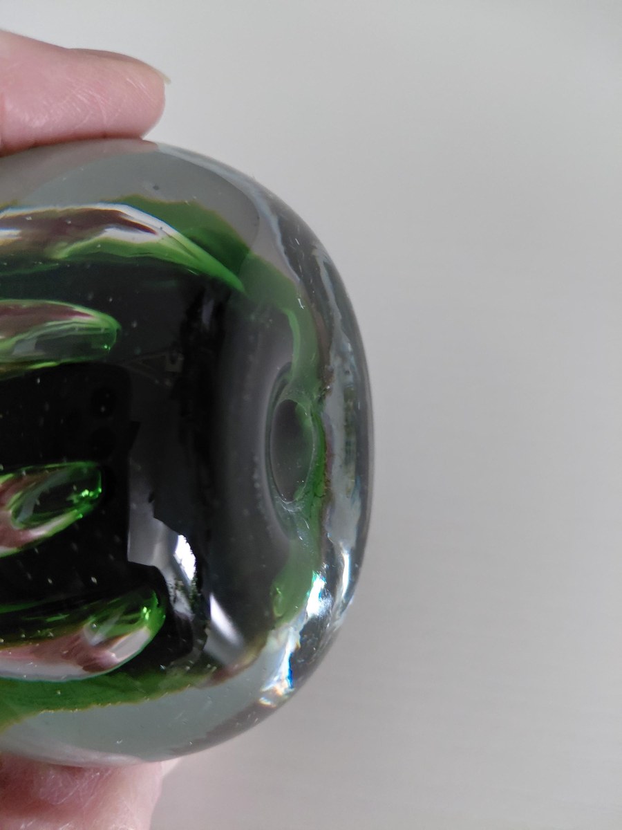 Vintage Blenko Controlled Bubble Art Glass Paperweight | Emerald Green Hand Blown MCM Glass Sculpture, view 10