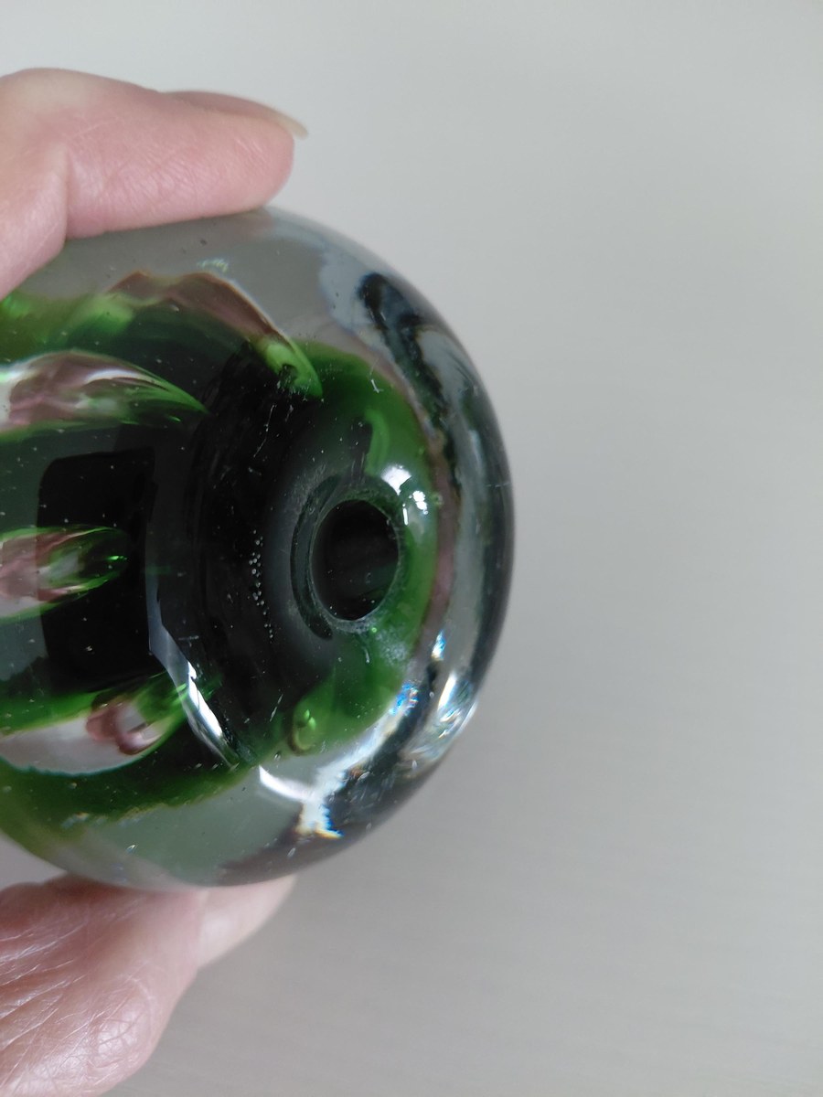 Vintage Blenko Controlled Bubble Art Glass Paperweight | Emerald Green Hand Blown MCM Glass Sculpture, view 11