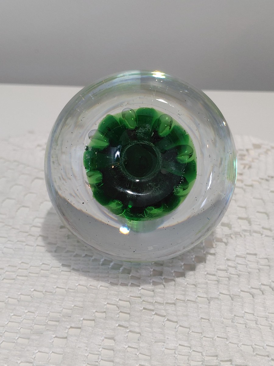 Vintage Blenko Controlled Bubble Art Glass Paperweight | Emerald Green Hand Blown MCM Glass Sculpture, view 12